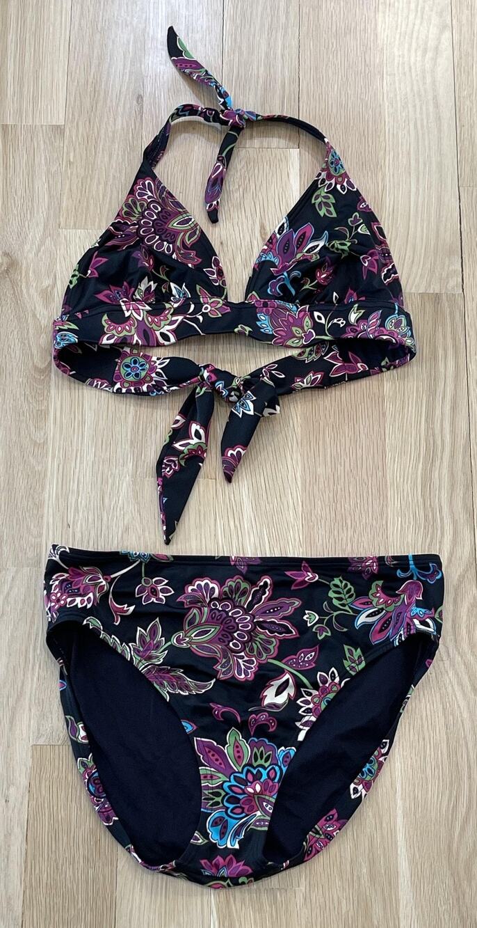 Victoria's Secret Bikini Set Large (12-14) Black Floral Halter Tie Swimwear
